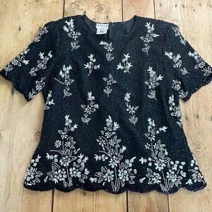 Vintage Stenay Beaded Top Formal Silk‎ Beads XL Black White Floral